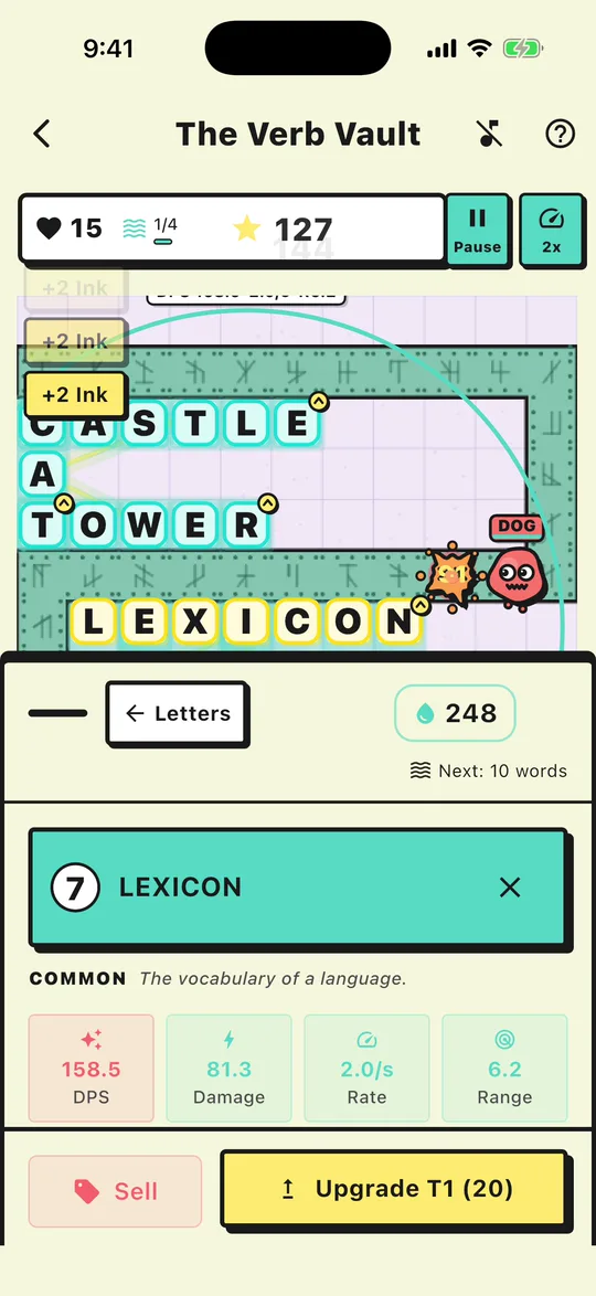 A Lexi-Defense level mid-wave: crossing words CASTLE, TOWER, LEXICON and DEFENSE fire on ink creatures walking the path.