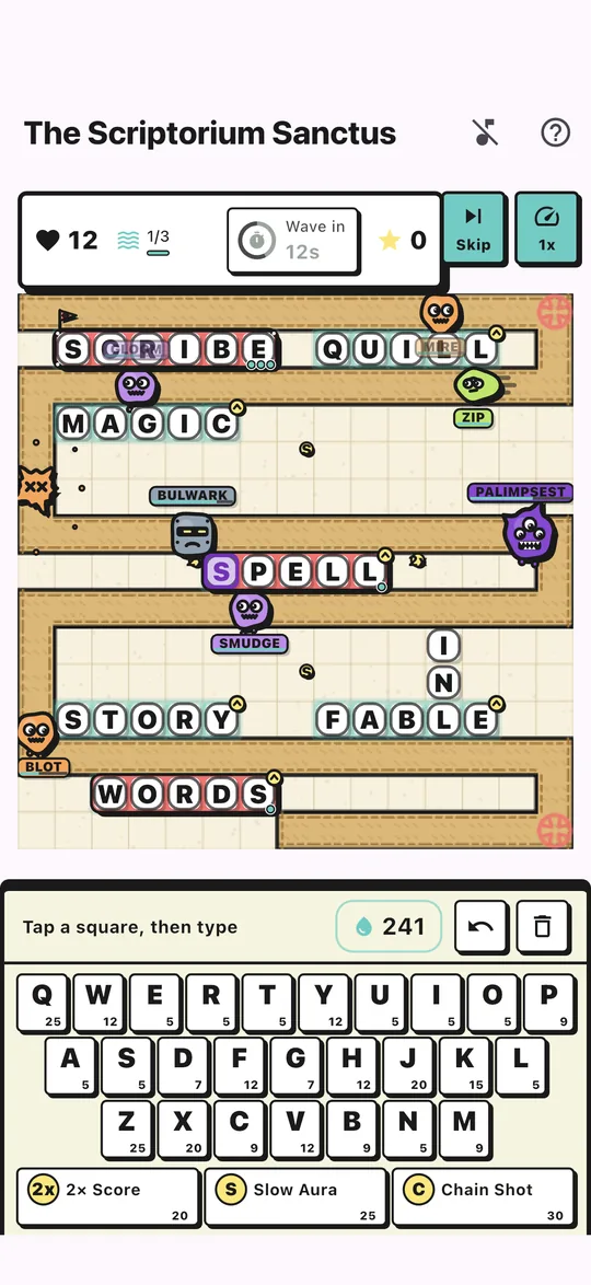 The Scriptorium Sanctus boss level: a purple boss creature named PALIMPSEST among armoured and swift creatures, with one letter tile corrupted.