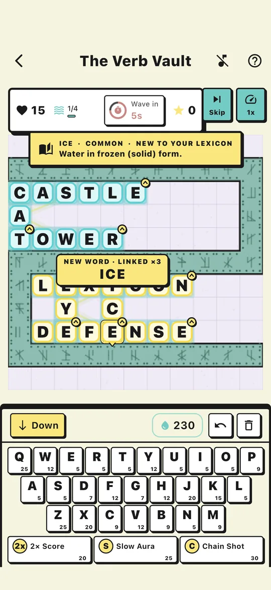Crossing words CASTLE, CAT, TOWER, LEXICON, EYE, ICE and DEFENSE typed onto the board, with a banner reading New word, linked x3: ICE.