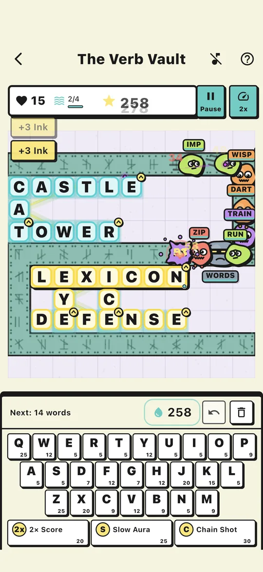 A wave of ink creatures, each tagged with a word, marching past the player's word towers.