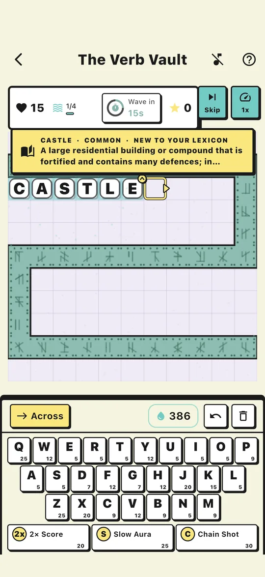 The word CASTLE just spelled on the board, with a toast giving its dictionary definition, marked Common and New to your Lexicon.