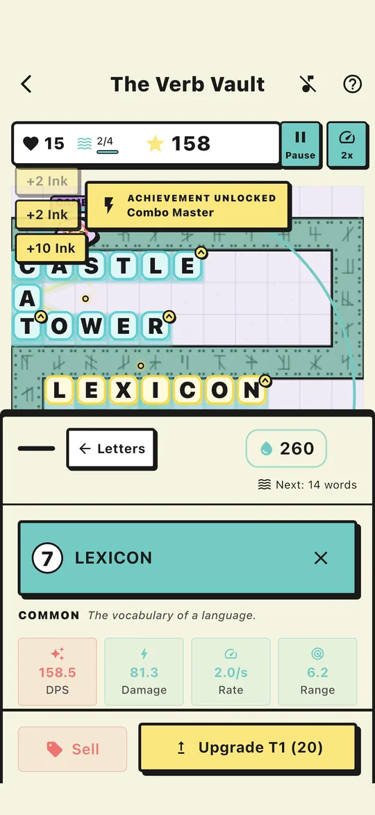 The tower inspector for LEXICON: Tier 1 Rapid, with DPS, damage, fire rate and range, and an Upgrade button.